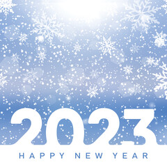 2023 Happy New Year and Merry Christmas card with falling snowflakes. Vector