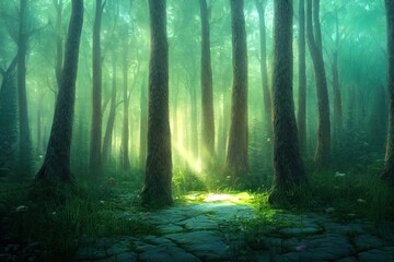Naklejka premium Atmospheric and enchanting fantasy fairy tale forest background, 3d render painting.