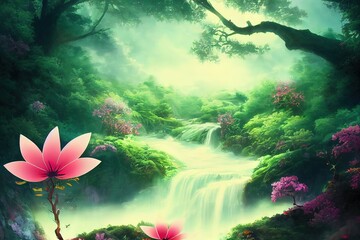 Fototapeta na wymiar A fantasy japan kitty with flowers and a beautiful magical fairy tale enchanted forest. Artistic abstract beautiful nature. Perfect for phone wallpaper or for posters.