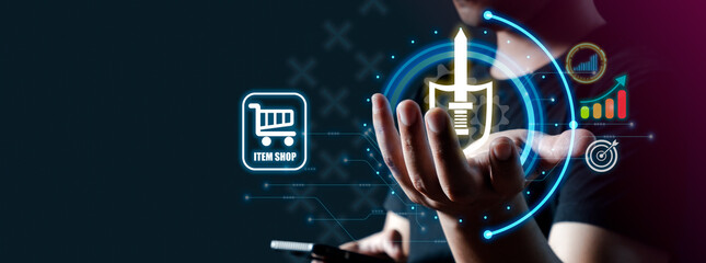 Game store online. Gamer using a smart phone and holding weapon on virtual screen. 