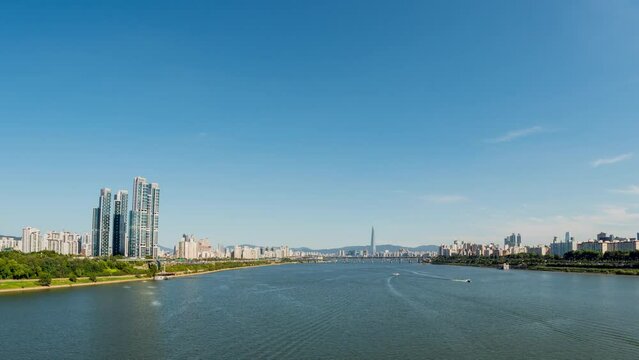 Hyper lapse of Aerial view Seoul City Skyline in Seoul,South Korea