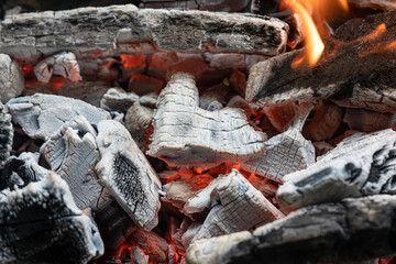 Black embers coals and white ash after a fire. White charred pieces of wood
