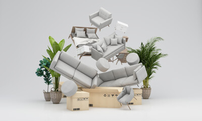 interior design concept Sale of home decorations and furniture During promotions and discounts, surrounded by, sofas, armchairs and advertising spaces banner with cardboard box background. 3d render