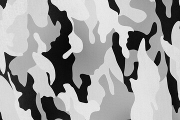 White black camouflage pattern fabric background texture. military and hunting clothes. winter and snow camouflage