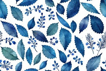Fototapeta na wymiar Winter Seamless Pattern of Watercolor Blue Leaves and Little Berries