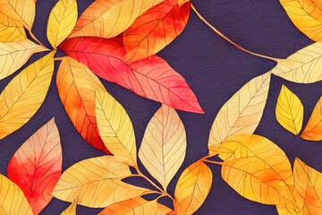 Watercolor seamless pattern with autumn branches and leaves on white background. Watercolour floral hand drawn ornament in yellow and red colors.