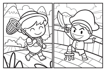 Funny boy playing cartoon coloring pages