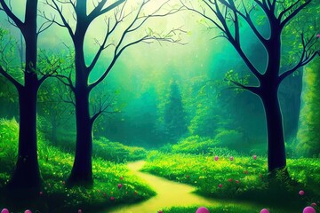 Fairytale magic forest background. 2D magic background for fairytale scene, posters, cards, wallpapers. Design for nursery room decor.