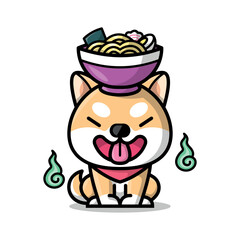 Fototapeta premium CUTE SHIBA DOG WITH A BOWL OF RAMEN ON HIS HEAD CARTOON ILLUSTRATION