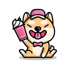 CUTE SHIBA IS HOLDING A CUP OF ICE CREAM CARTOON ILLUSTRATION.