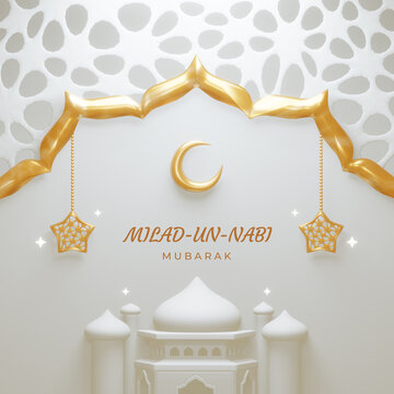 Milad un Nabi elegant white and golden luxury ornamental background with Islamic pattern and mosque. Maulidur rasul greeting card
