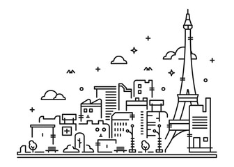 Line Art Vector Illustration of Paris with its Famous Landmark Eiffel Tower and City Buildings in the Background.