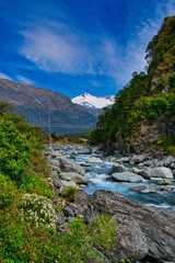 Naklejka na ściany i meble Swing bridge over the Matukituki Valley Mt. Aspiring National Park, New Zealand