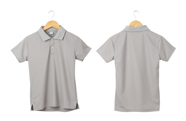 Gray polo shirt mockup hanging isolated on white background with clipping path.