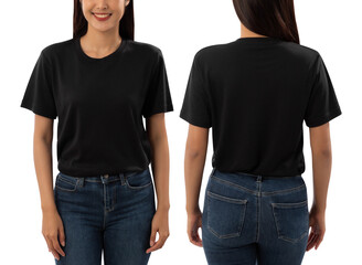 Young woman in black T shirt mockup isolated on white background with clipping path. - obrazy, fototapety, plakaty