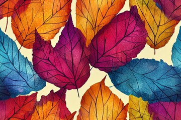 Abstract fall seamless pattern in bright autumn colors. Watercolor painting of falling leaves, ink doodle, watercolour, grunge textures. Floral background for fall design. Hand drawn illustration
