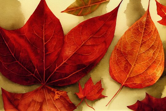Background graphics of red autumn leaves and fallen leaves. An illustration of a hand painting image in watercolor format.
