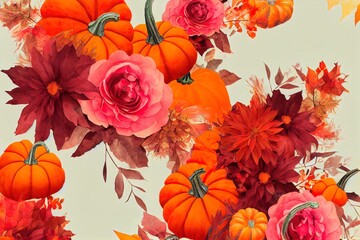 Watercolor floral pumpkins composition. Pastel pumpkin and flowers arrangement in rustic style. Rust and burnt orange flowers, fall foliage and leaves bouquet. Autumn invitation template.