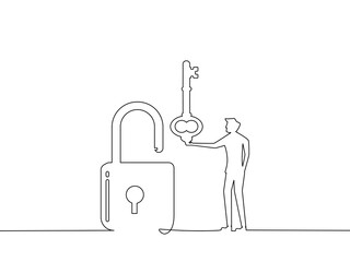 Draw a continuous line of people unlocking the padlock. isolated on a white background vector