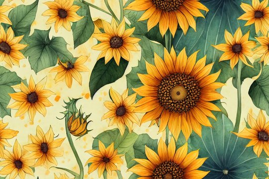 Seamless pattern of pumpkins and sunflowers, autumn background, watercolor drawings