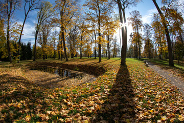Beautiful autumn manor park with path and pond, Lithuania - 534877719