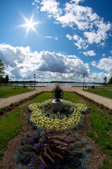 Beautiful flower beds near lake in old manor park, Lithuania - 534877731
