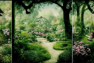 Deurstickers Enchanting garden retreat with swing © 2rogan