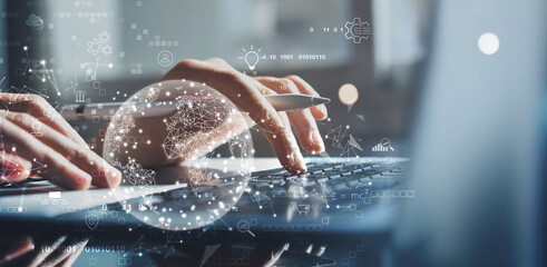 IoT, Internet of Things, Global network, Digital Technology concept. Person using laptop computer...