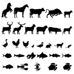 Silhouette Farm Animals Vector Isolated On White Cattle And Poultry Rural landscape icon with trees, 
plants and farms.