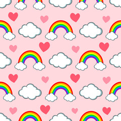 Seamless pattern of clouds and rainbow on pink background