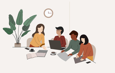 Diverse team meetings, talks, conversation, sharing idea, directing their teams and design project. Collaborative of teamwork with casual wear during share opinion at room. Content of brainstorming.