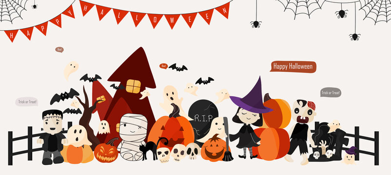 Cute Happy Halloween Banner, Witch, Frankenstein, Mummy, Haunted House, Pumpkins and Bats.