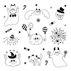 Vector set of childish cute doodle halloween design elements:pumpkin,ghost,cat,bat,spiderweb,skull.Outline.Sketch.