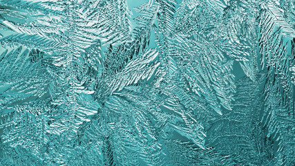 Abstract Christmas background. Ice crystals on frozen window glass. Frost drawing. A pattern of leaves and stems of magical fantastic plants. Turquoise tinted winter wallpaper. Cold and crystal. Macro