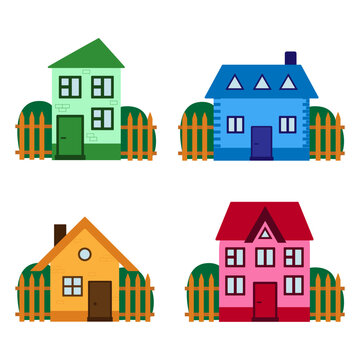 Vector illustration. A collection of cute multicolored houses in a flat style