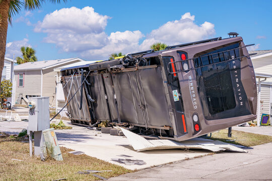 Winnebago rolled over on it's side by strong winds of Hurricane Ian Fort Myers FL