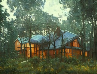 Wooden house with lit windows in evening forest