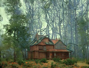 Wooden house with lit windows in evening forest