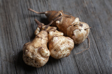 Freshly dug Jerusalem artichoke tubers on wooden table. Helianthus tuberosus