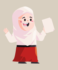 Children girl primary school student wearing hijab holding paper