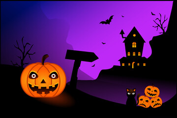 Fototapeta na wymiar Vector illustration haunted house with pumpkin and bats.