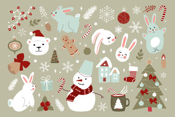 Big Christmas set of drawings with cute rabbits, snowmen, gingerbread men, Christmas trees, toys, gifts, bear and snowflakes. Modern simple flat vector illustration.