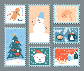 Christmas stamp set with cute bunny, snowman, gingerbread man, fir tree, bear and snowflakes. Modern simple flat vector illustration.
