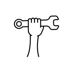 Hand holding a wrench icon. Repairman spanner in hand symbol. Vector illustration isolated on white background. 
