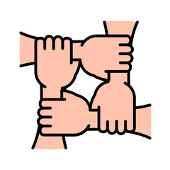 Four hands holding each other arm icon. People connected by hands together sign. Vector illustration. Charity and volunteer group symbol.