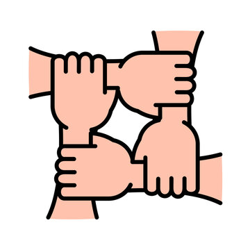 Four hands holding each other arm icon. People connected by hands together sign. Vector illustration. Charity and volunteer group symbol.