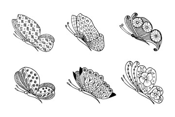 Set of hand drawn butterfly doodle elements for coloring, invitation, postcard.