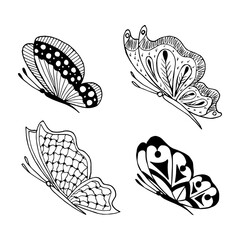 Set of hand drawn butterfly doodle elements for coloring, invitation, postcard.