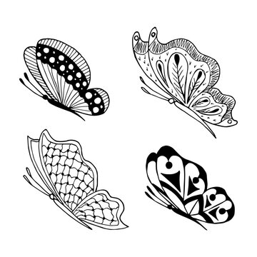 Set of hand drawn butterfly doodle elements for coloring, invitation, postcard.