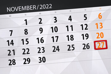 Obraz premium Calendar 2022, deadline, day, month, page, organizer, date, november, sunday, number